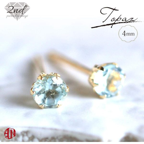 A.UN jewelry Second Earrings Swiss Blue Topaz Birthstone 4mm Thick 12mm Delicate Simple Leave on 18K Gold Allergic to Metal Women s Natural Stone [K18YG Silicone Catch Included] For Discount - Image 3